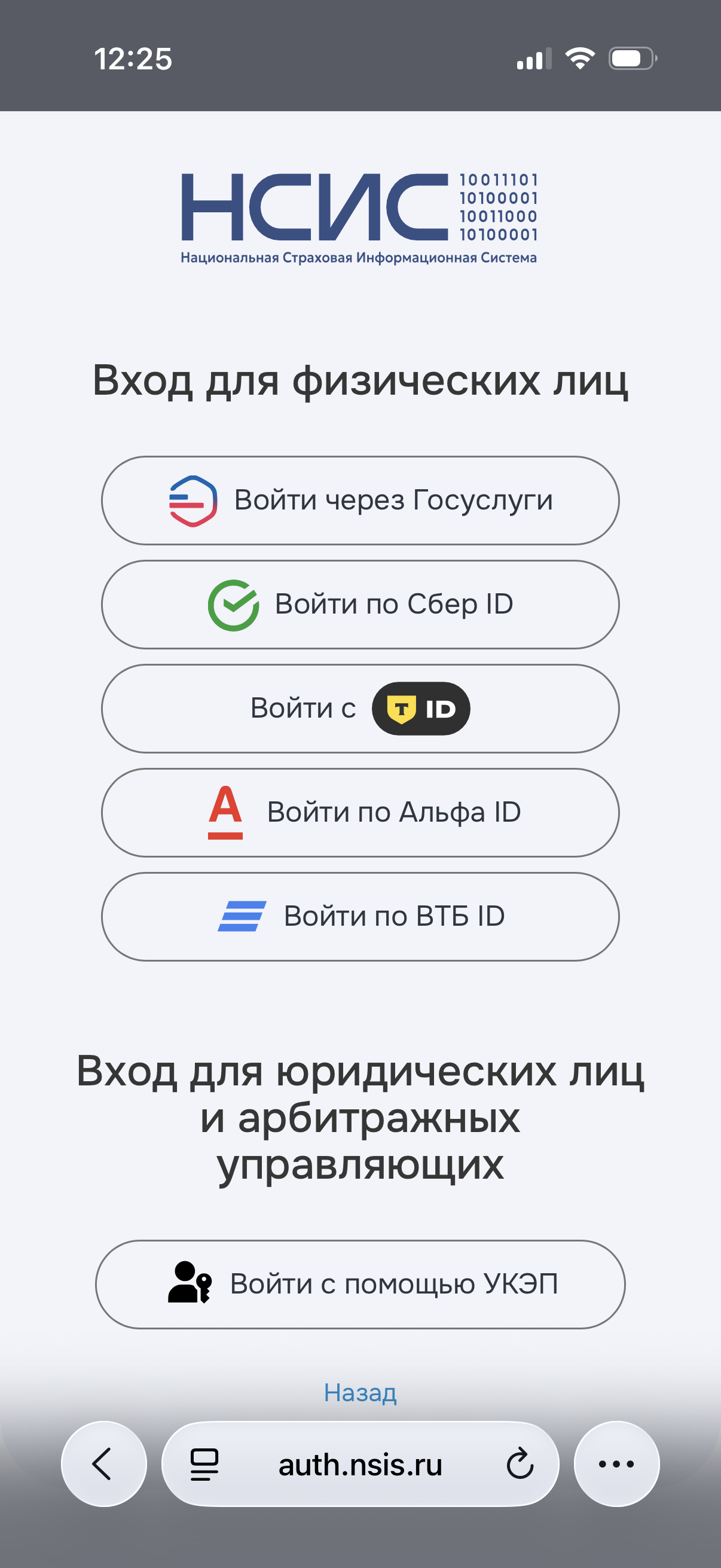 Экран авторизации НСИС с кнопками входа через Госуслуги, Сбер ID, Т-ID, Альфа ID и ВТБ ID