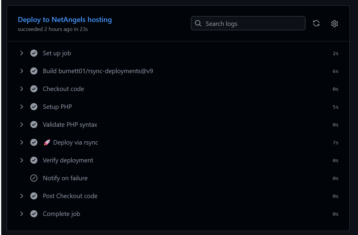 Завершённый запуск workflow Deploy to NetAngels hosting в GitHub Actions: все шаги отмечены зелёными галочками
