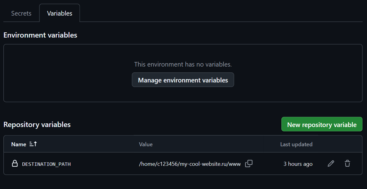 Вкладка Variables в настройках GitHub с переменной DESTINATION_PATH