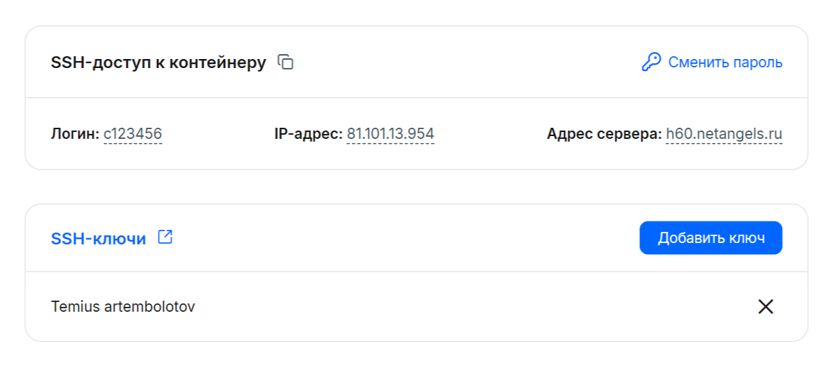 Блок SSH-доступ к контейнеру в личном кабинете NetAngels: логин, IP-адрес, адрес сервера и список SSH-ключей