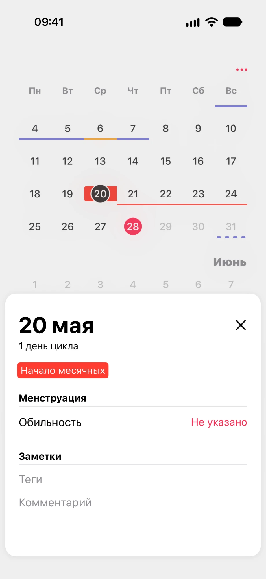 Старая карточка дня 20 мая с отметкой «Начало месячных» и обильностью